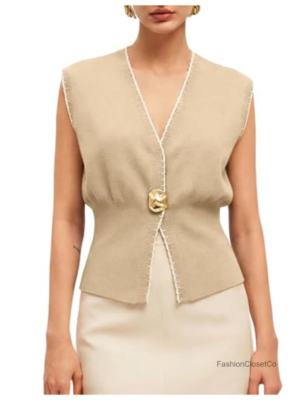 V Neck Knit Vest Button Down Sleeveless Contrast Trim Sweater Top